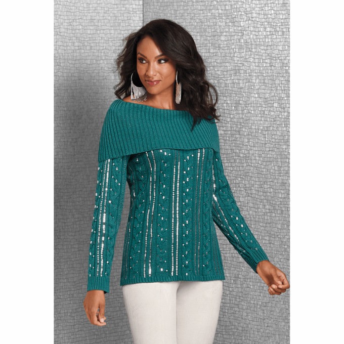 Suzie Sequin Cable Sweater, , large