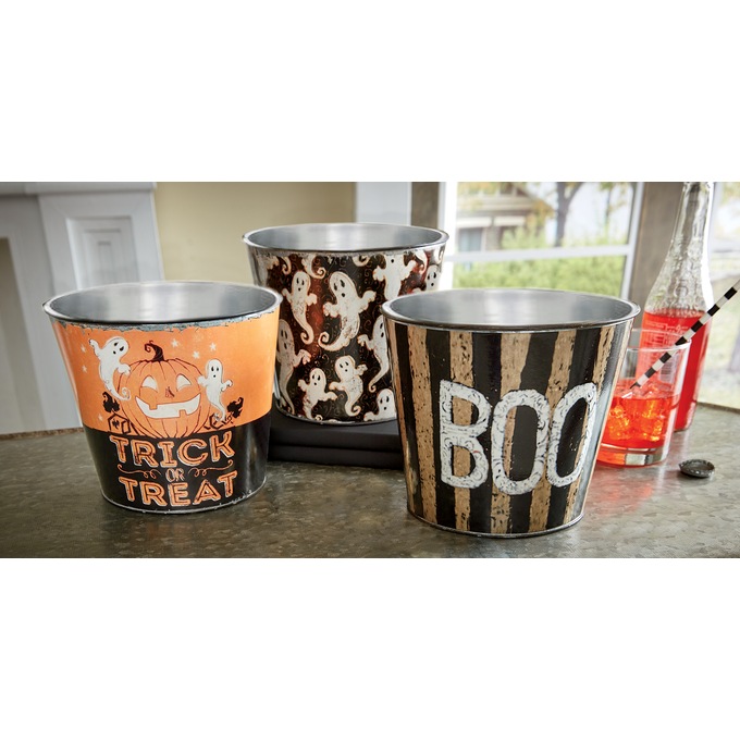 Set of 3 Vintage-Style Metal Halloween Buckets, , large