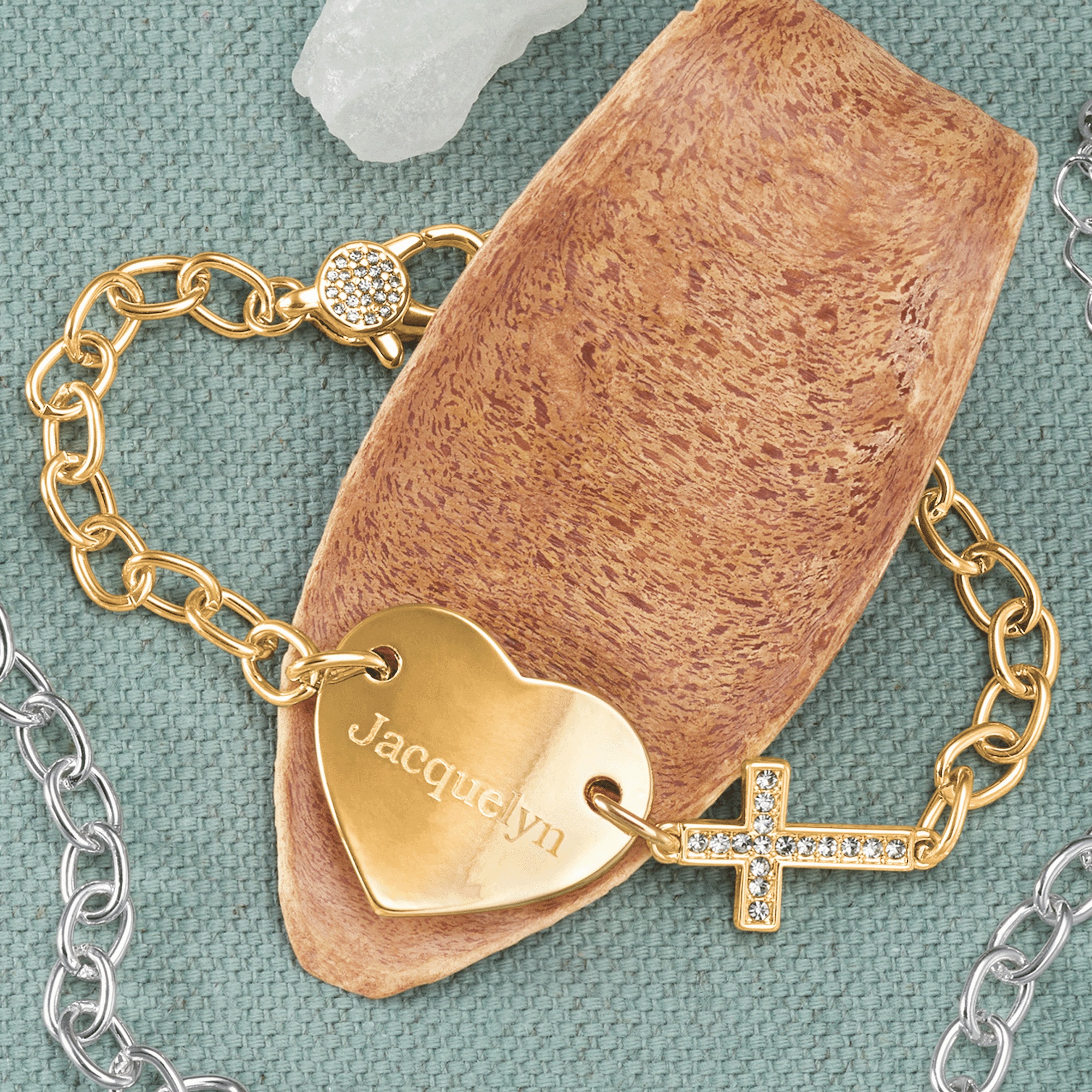 Personalized Name Heart/Cubic Zirconia Cross Bracelet, Goldtone, large