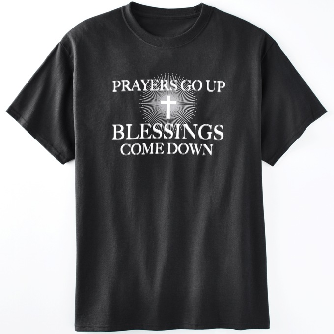 Prayers Go Up Blessings Come Down Graphic Tee in Cotton Jersey, , large