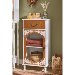 Savannah Glass-Front Towel Cabinet with Drawer, Weathered White, large