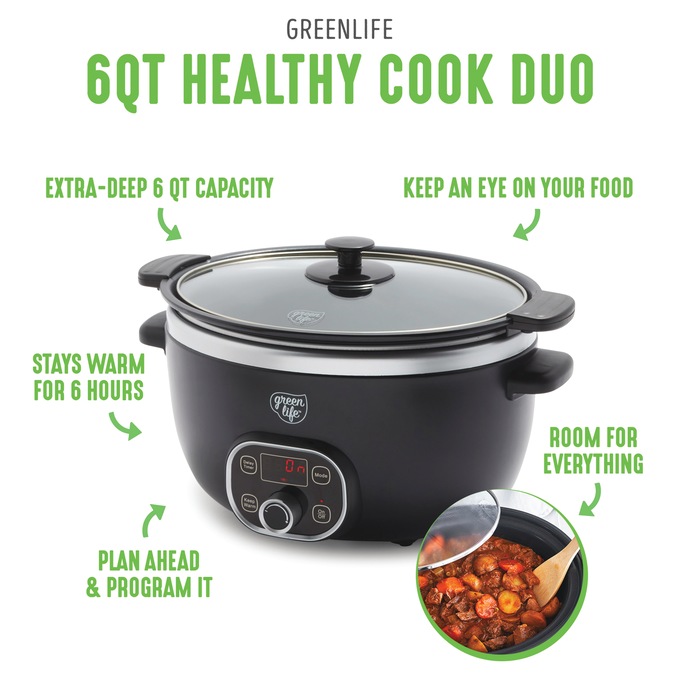 Green Life Slow Cooker Healthy Duo 6-Quart Slow Cooker, Black, large