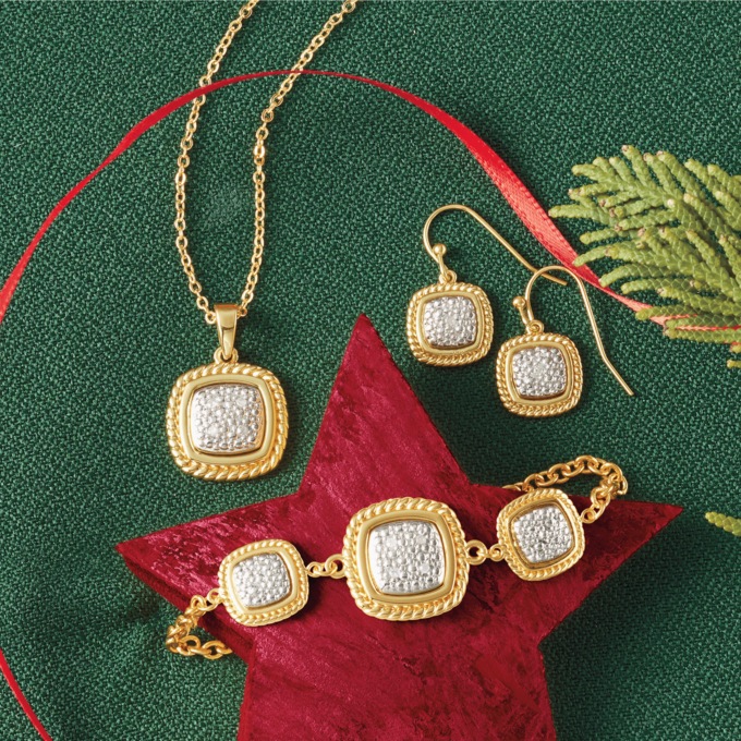 Diamond Square Pendant, Bracelet & Earring Set, , large