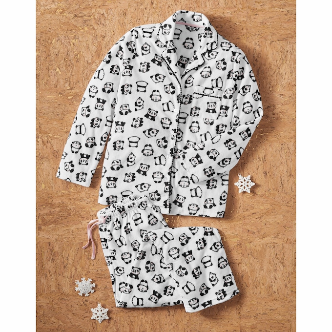 Panda Print Fleece PJ Set with Button-down Top and Pull-on Pant, , large
