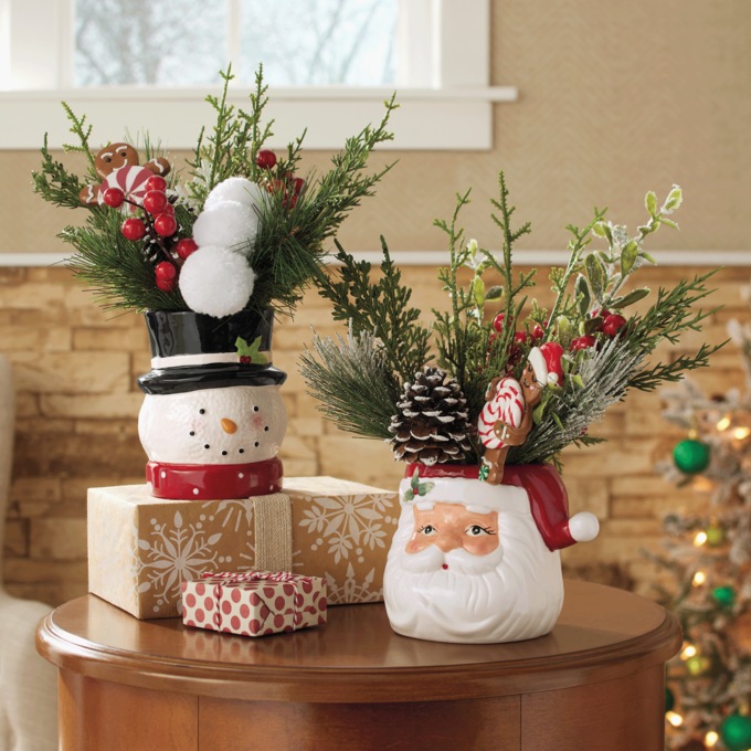 Hand-Painted Ceramic Holiday Planter with Evergreen Holiday Arrangement, , large
