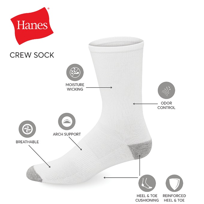 Hanes 12-Pack X-Temp Men's Crew Sock with Arch Support, White, large