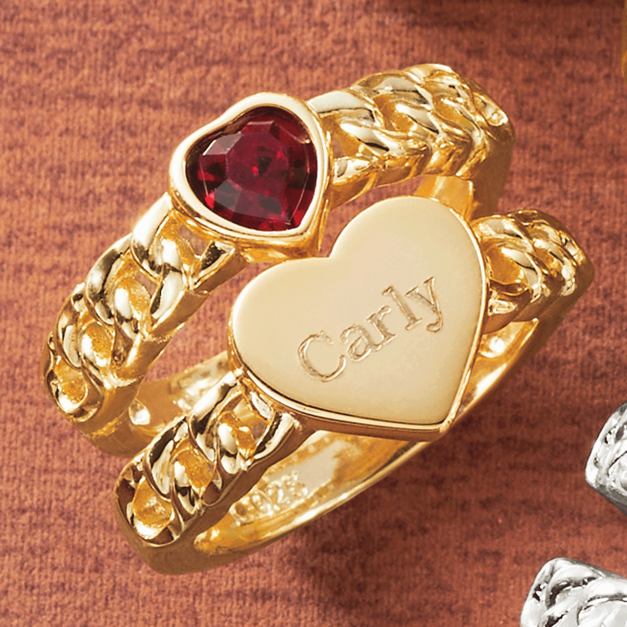 Personalized Name Birthstone Heart 2-Piece Ring Set, , large