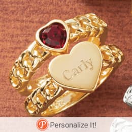 Personalized Name Birthstone Heart 2-Piece Ring Set, , large