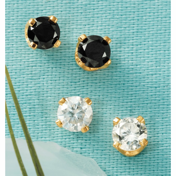 10K Gold 2-Pair Diamond Black & White Stud Earrings, , large