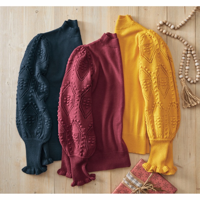 Nora Ribbed Women's Sweater with Pointelle Balloon Sleeves and Mockneck, , large