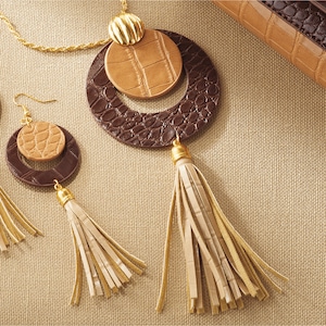Textured Pleather Tassel Necklace, , large