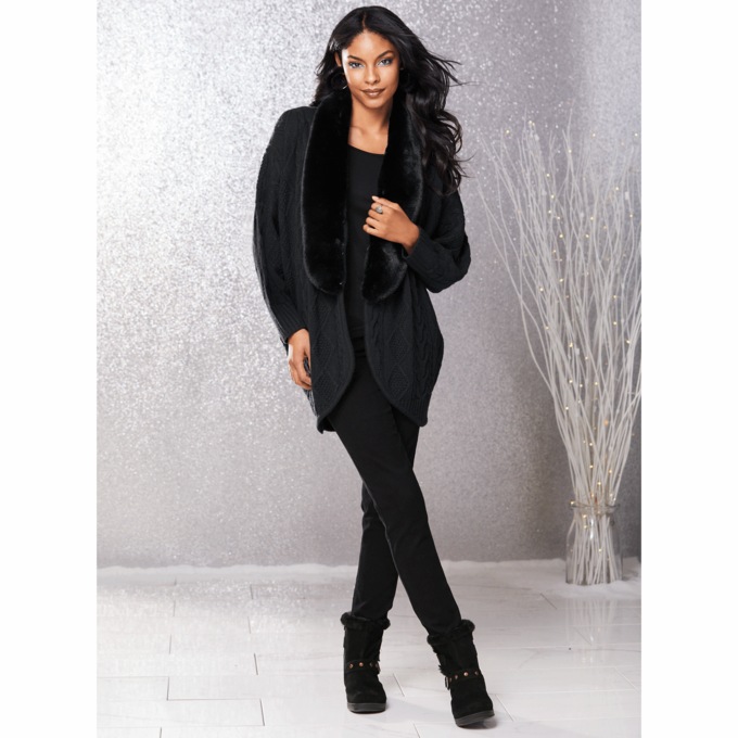 Diana Cocoon-Style Women's Cabel-Knit Cardigan with Removable Faux Fur Trim, Black, large