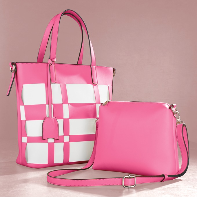 M.C. Handbags 2-Piece Woven Plaid Tote Set, Hot Pink White, large