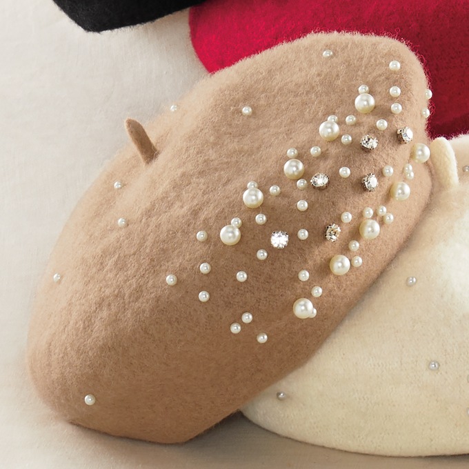 Women's Beret Studded with Faux Pearls and Rhinestones, Camel, large