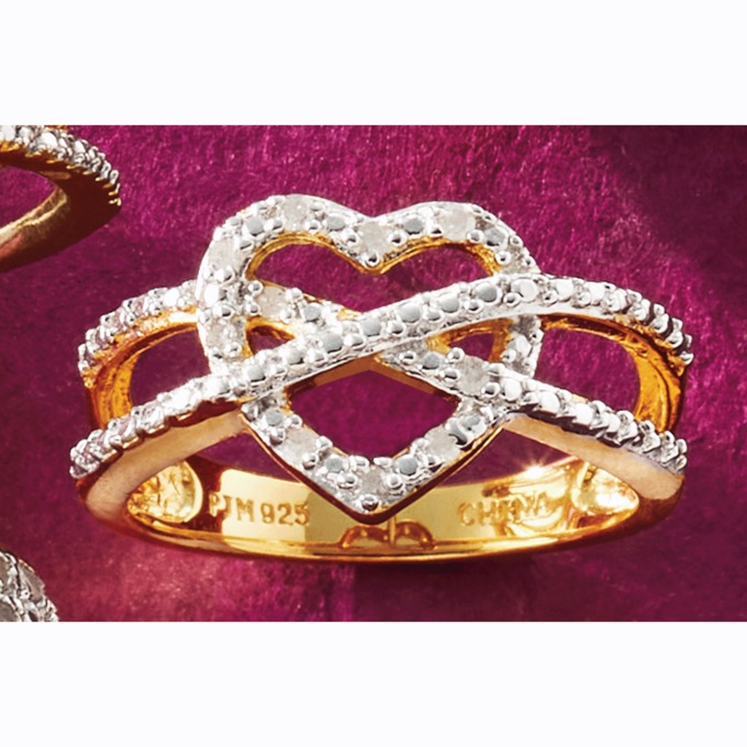 Diamond Open Heart X Ring, Gold over Sterling Silver, large
