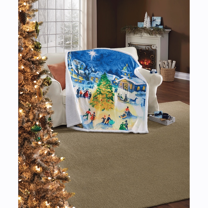 Novelty Sherpa Reversible Throw Christmas Scene, , large