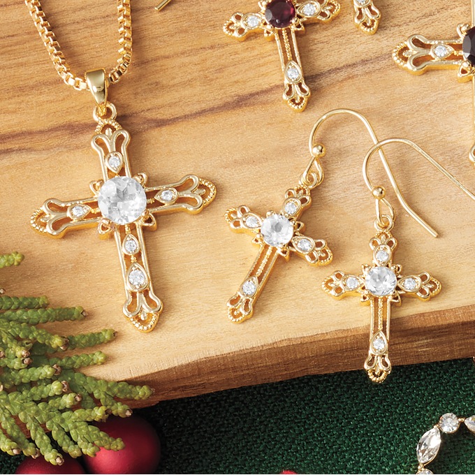 Gemstone Cross Pendant & Earring Set, White Topaz, large
