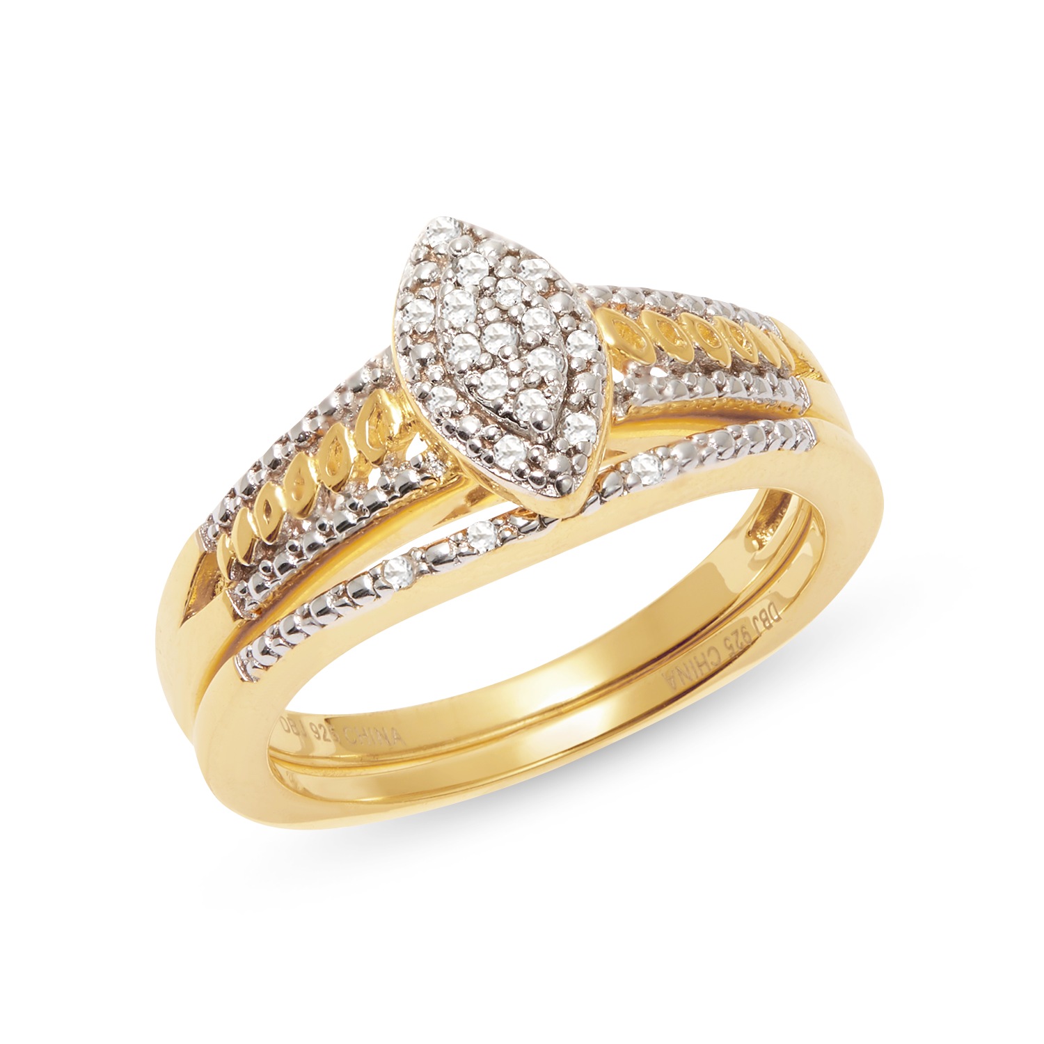9CT YELLOW GOLD & SILVER LADIES LARGE MARQUISE CLUSTER RING size O 