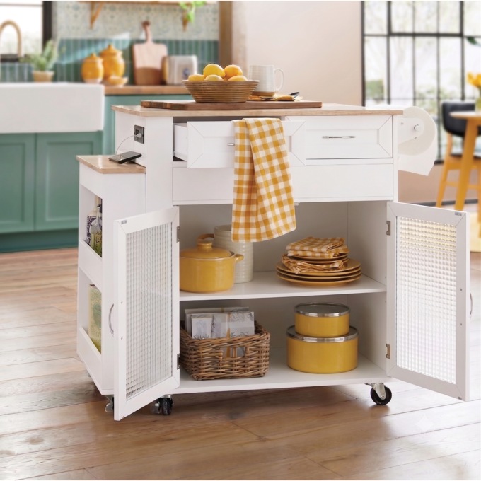 Powered Expandable Kitchen Island, White, large