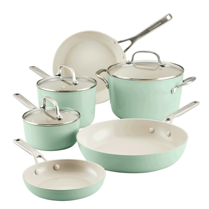 KitchenAid Hard-Anodized Ceramic 9-Piece Cookware Set, Pistachio, large