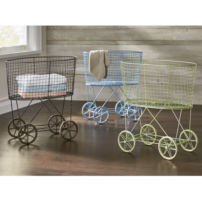 Vintage-Style Rolling Laundry Cart, , large