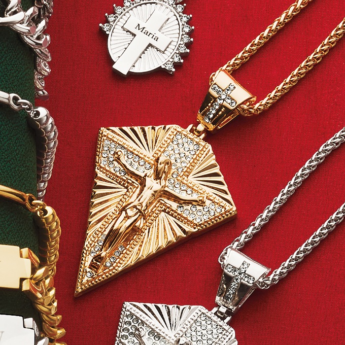 Men's Crystal Crucifix Shield Pendant, Goldtone, large