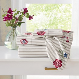 Embroidered Floral Cotton Ticking Stripe Sheet Set, , large