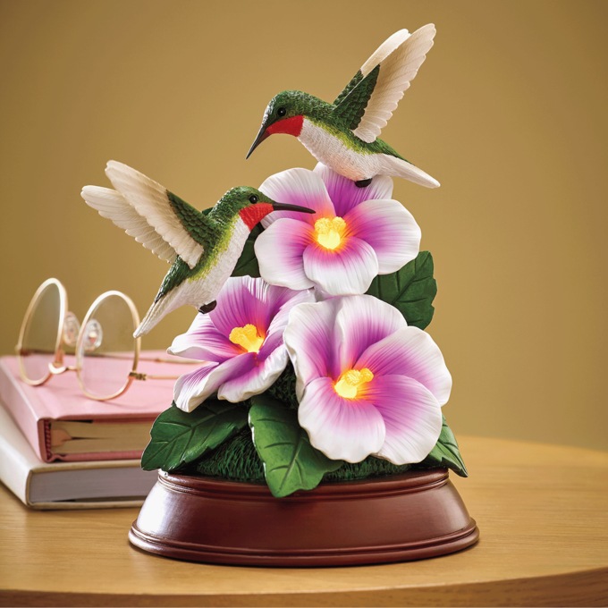 Lit Hummingbird Floral Sculpture, , large