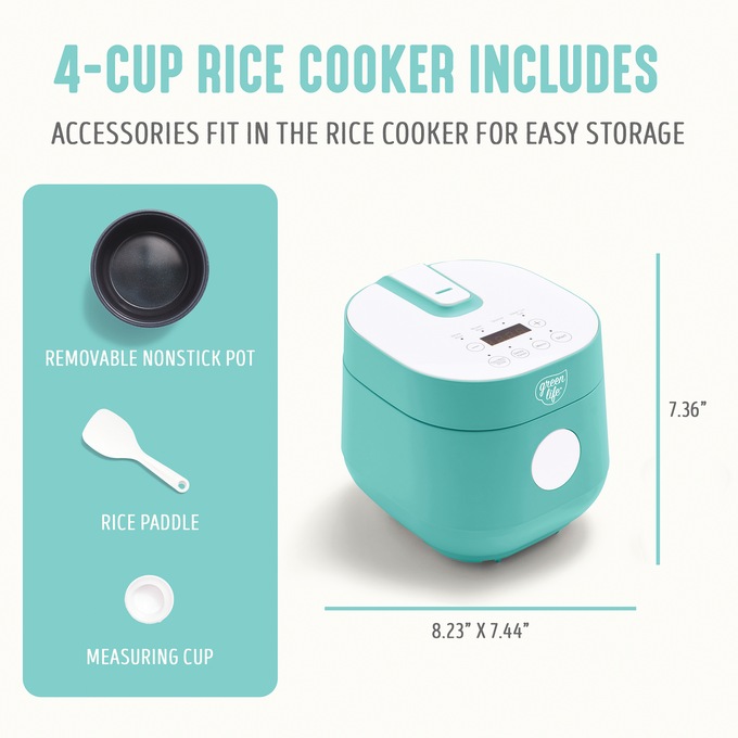Greenlife 4-Cup Rice and Grains Cooker, Turquoise, large
