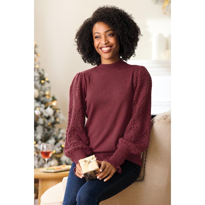 Nora Ribbed Women's Sweater with Pointelle Balloon Sleeves and Mockneck, , large
