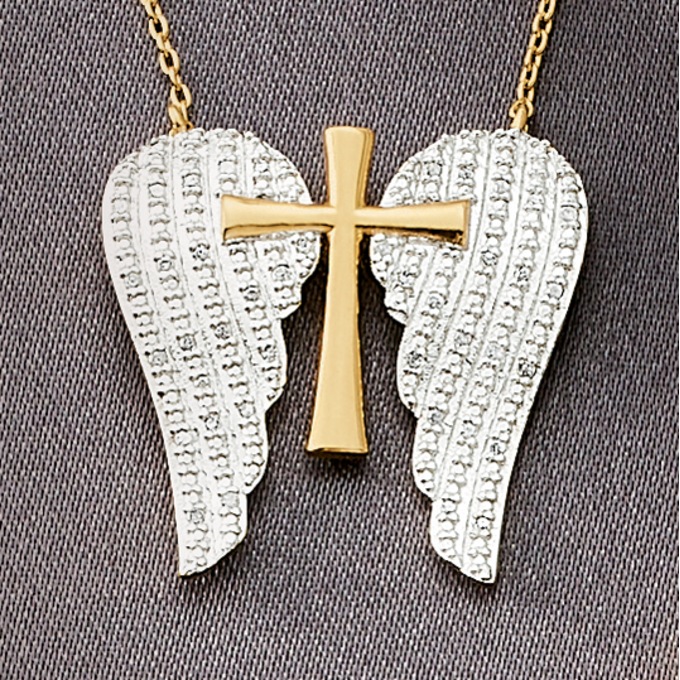 Diamond Cross and Wings Pendant, , large