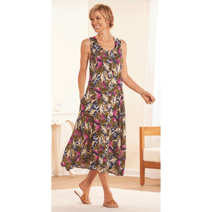 Sleeveless Button-Front Print Dress, , large