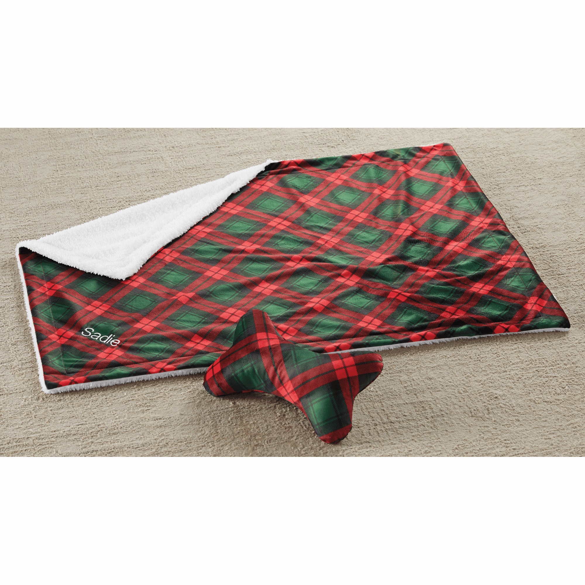 Faux-Sherpa Pet Blanket with Plush Toy, Red Green Tartan, large