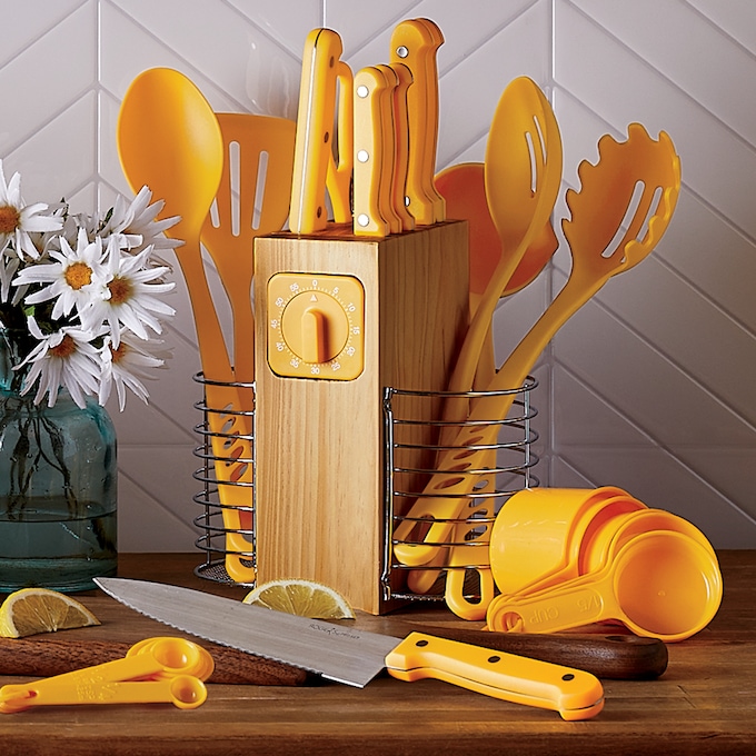 Styled Settings White & Gold Nylon Cooking Utensils with Holder and  Measuring Cups & Spoons 