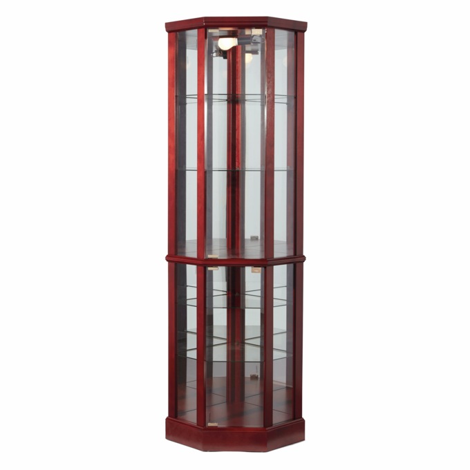 Tessa Lighted Display Corner Curio Cabinet with Glass Shelves and Mirrored Back, , large