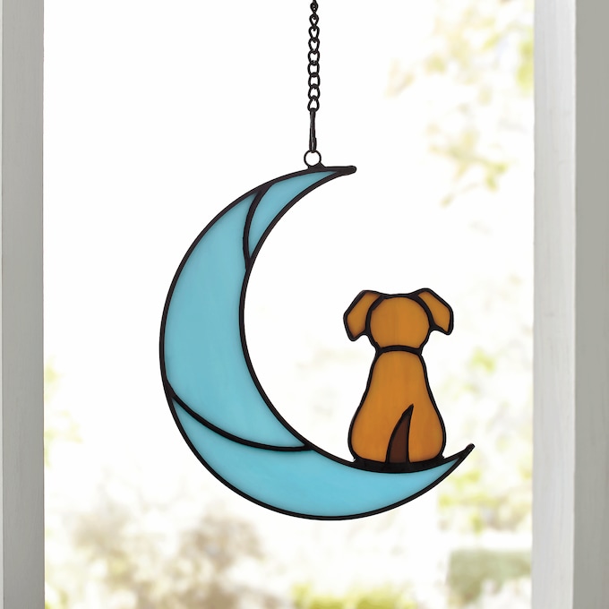 Stained Glass Pet on Moon Window Hanging, , large
