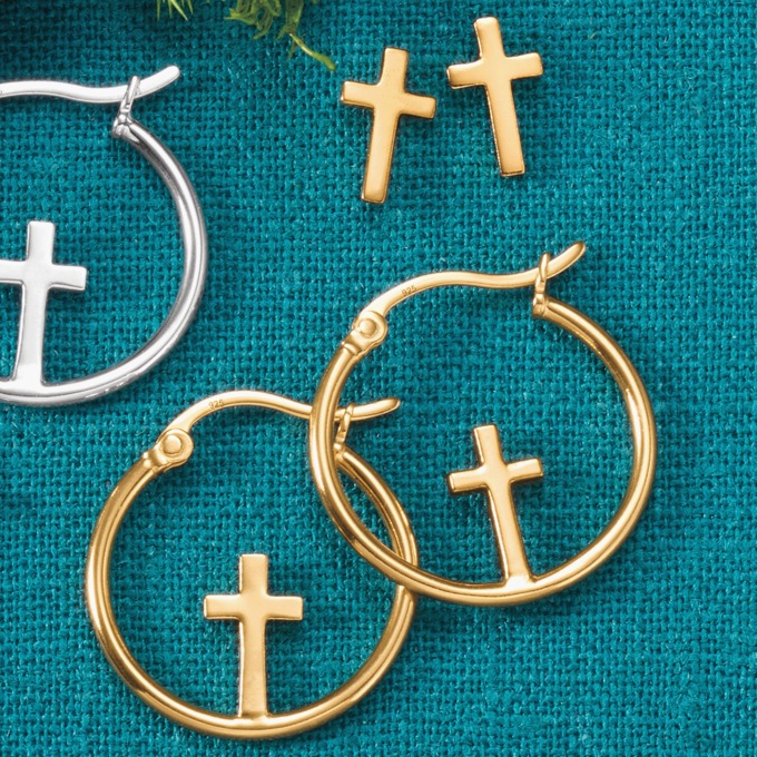 2-Pair Cross Earring Set, Gold Sterling Silver, large