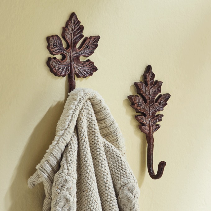 Set of 2 Fallen Leaves Metal Wall Hooks, Brown, large