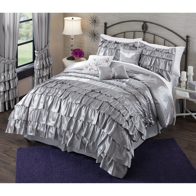 Bella Satin Ruffled 7-Piece Comforter Set and 5-Piece Window Set, , large