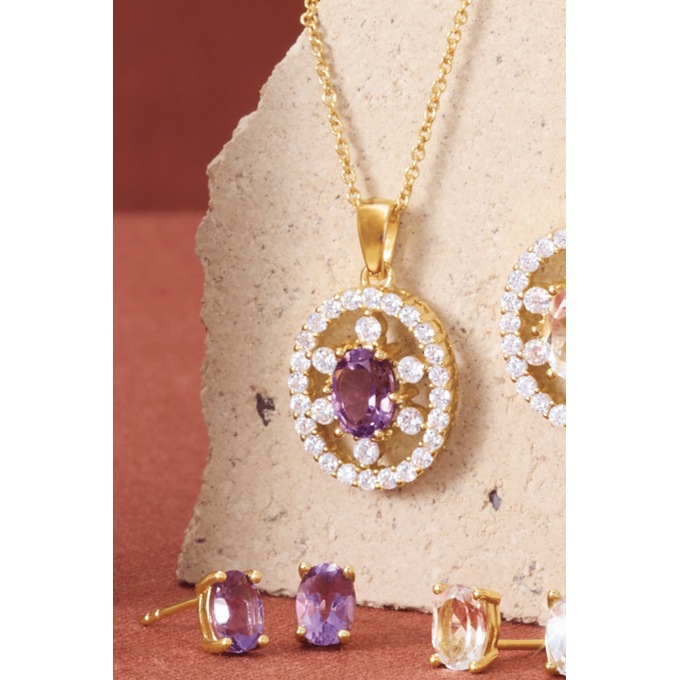 Gemstone Oval Frame Necklace & Earring Set, , large