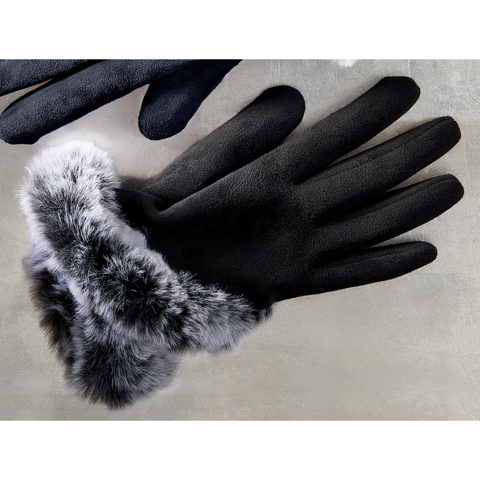 Faux-Fur Cuff Gloves, Black, large