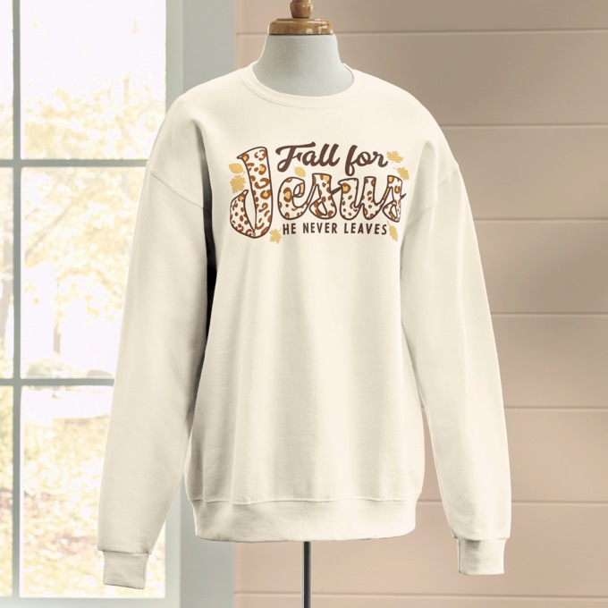 Fall for Jesus He Never Leaves Graphic Sweatshirt for Autumn, , large