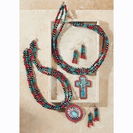 Southwest Faux-Turquoise Pendant Necklace &amp; Earring Set, , large