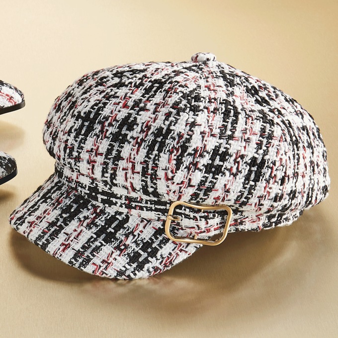 Plaid Buckle Newsboy Hat, , large