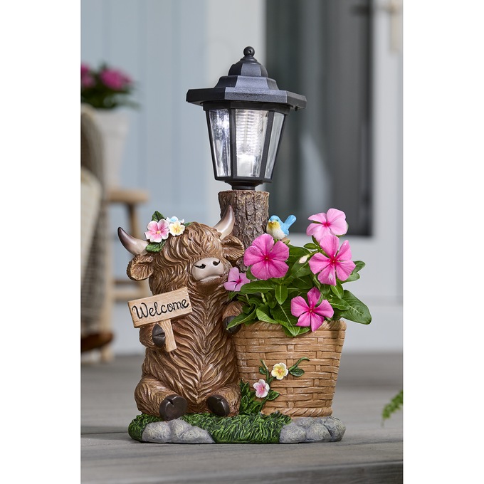 Solar Highland Cow Welcome Statue, Brown, large