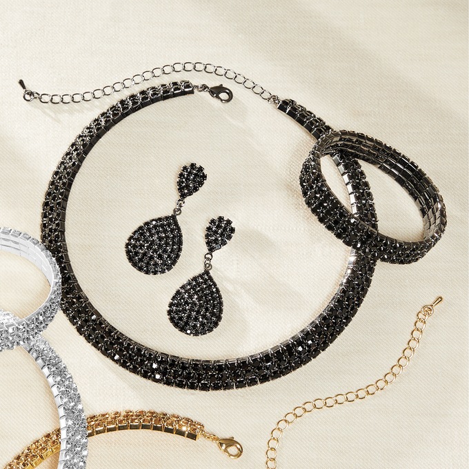 Silvertone Sparkling Crystal Jewelry Set with Necklace, Bracelet, and Earrings, , large