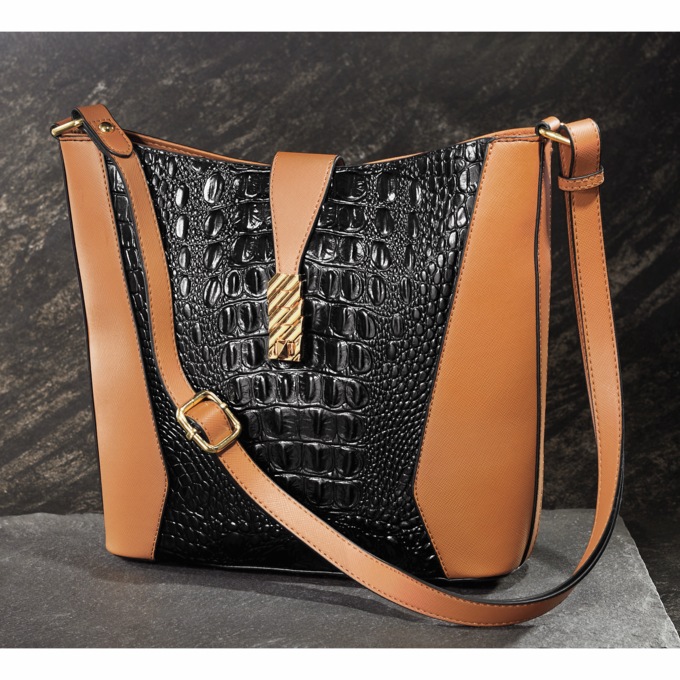 M.C. Handbags Elizabeth Leather Crossbody, Black Tan, large