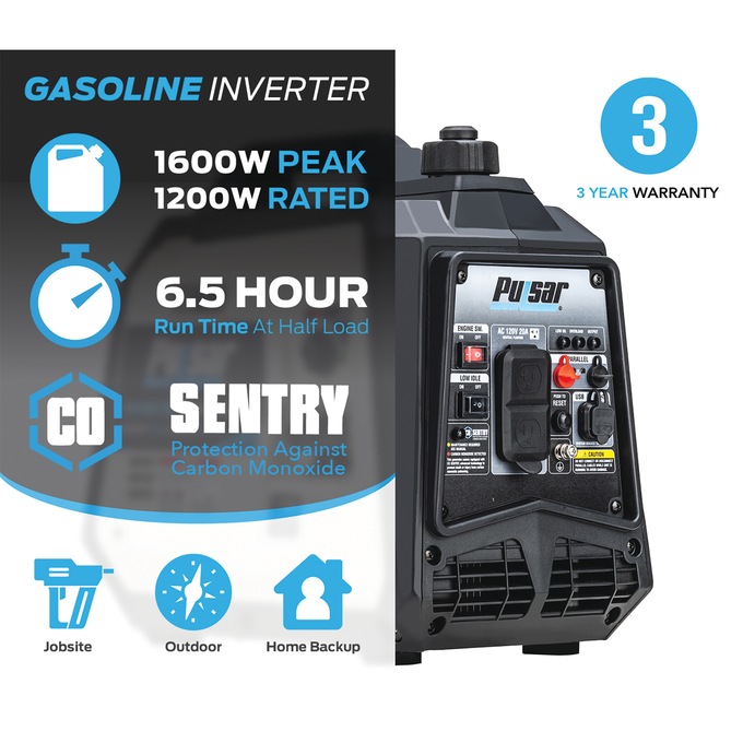 Pulsar 1600W/1200W Portable Gas Inverter Generator, Recoil Start with CO Alert, Black, large