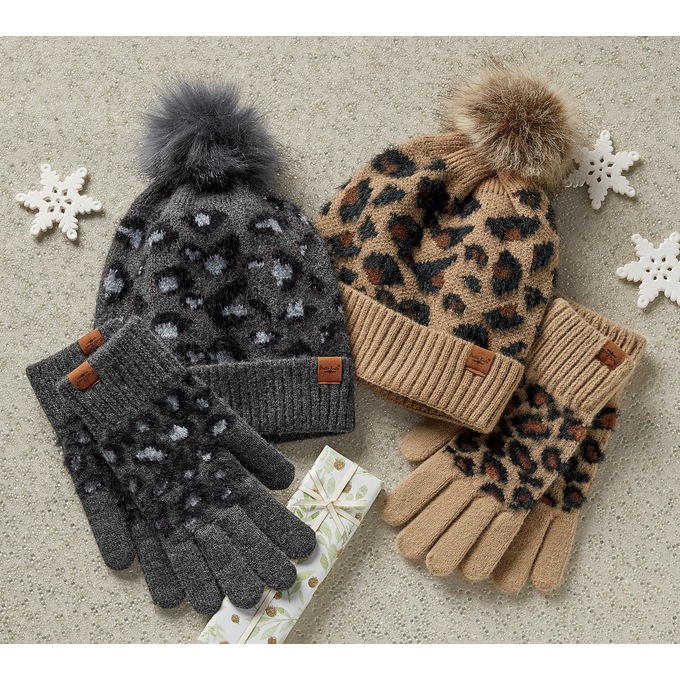 Britts Knit Snow Leopard Hat and Glove Set, , large