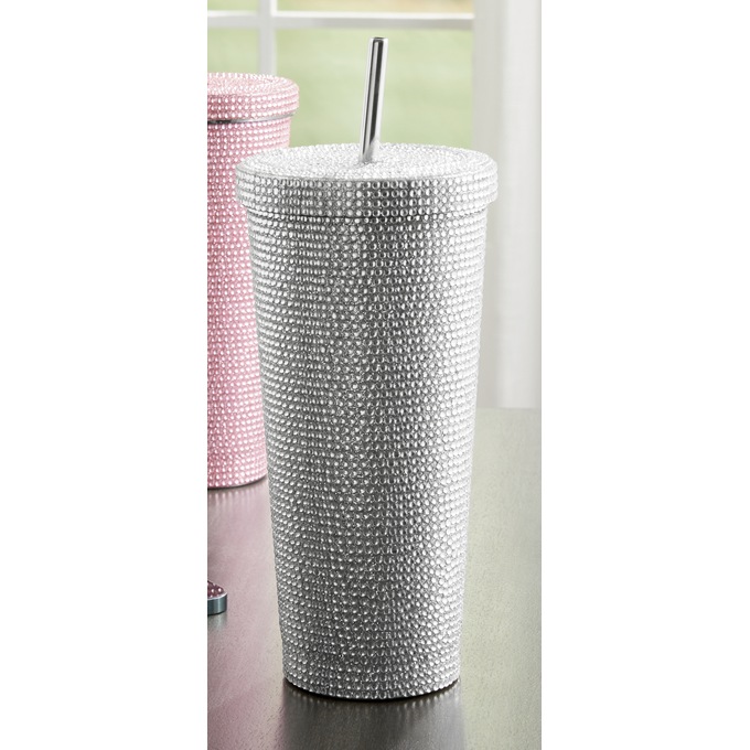 Rhinestone Double Wall Stainless Steel Travel Cup, White, large
